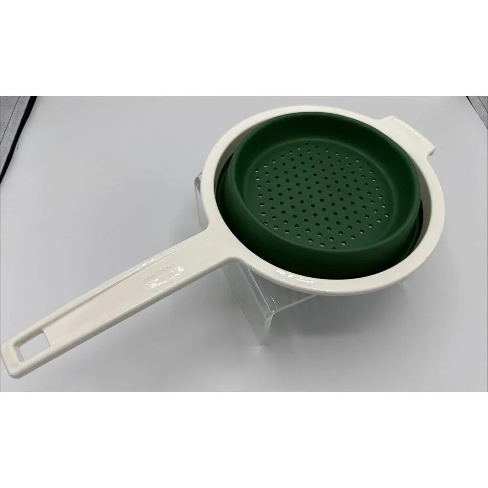 Vtg Farberware Colander Strainer Collapsible‎ White Green Pot Hook Long Handle